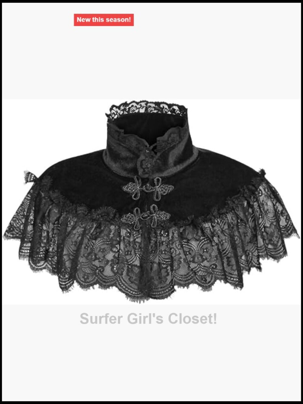 Velvet Lace Capelet One Size Frog Closure Corset Accessory